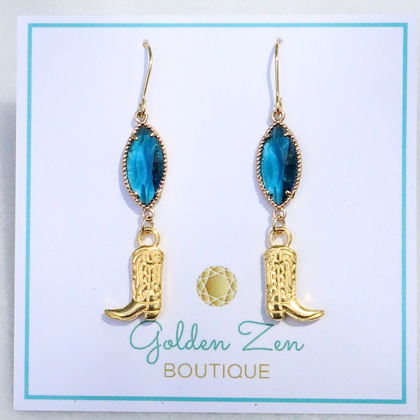 Blue Jean Crystal & Gold Cowgirl Boot Earrings