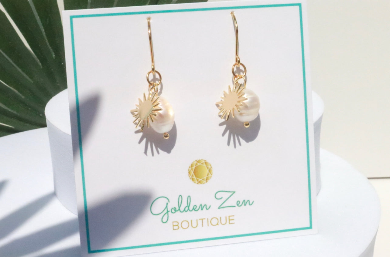 Fresh Water Pearl & Gold Sun Earrings