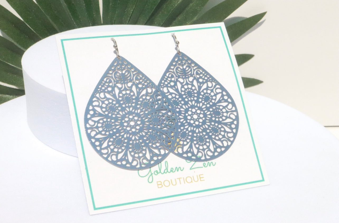 Silver Stainless Steel Filigree Disc Dangle Earrings