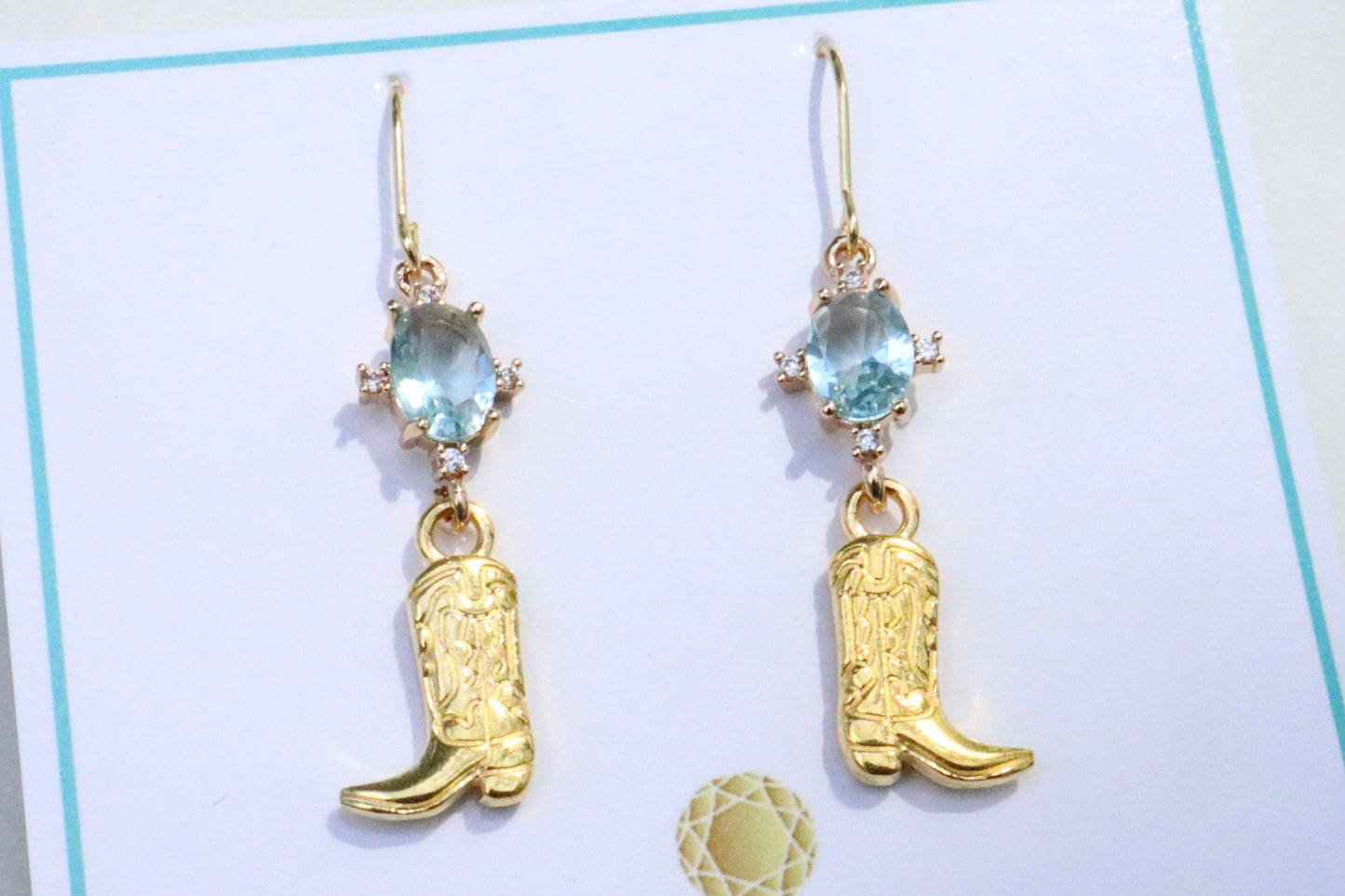 Caribbean Crystal & Gold Cowgirl Boot Earrings