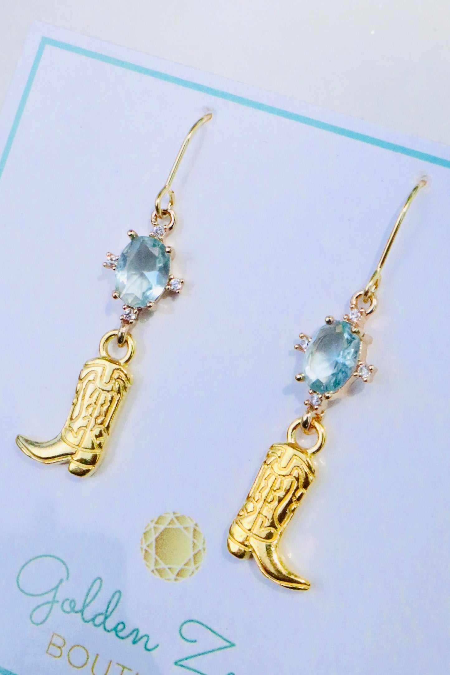 Caribbean Crystal & Gold Cowgirl Boot Earrings