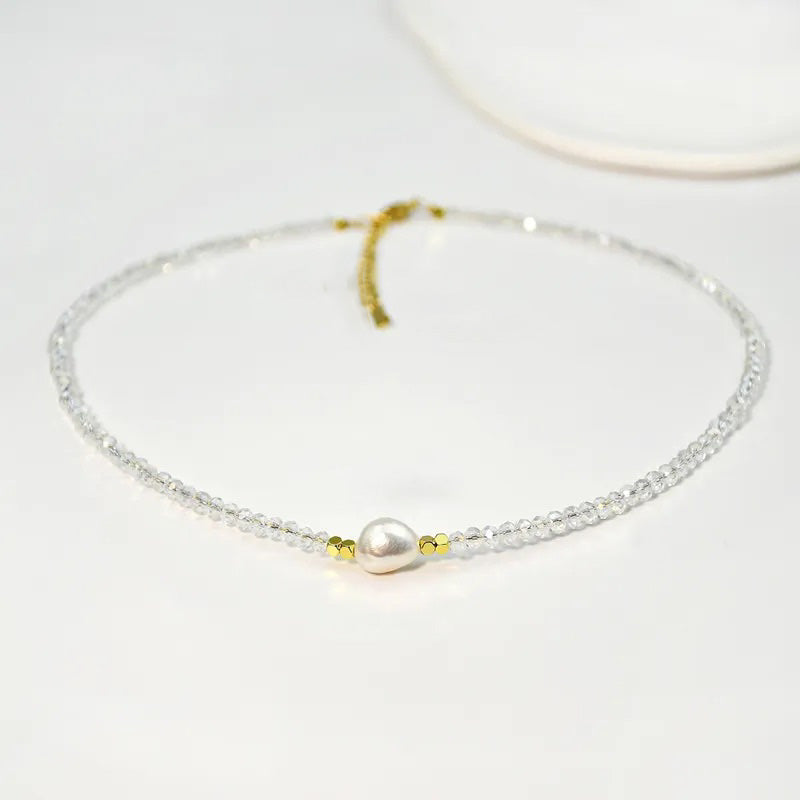 Iridescent Clear Crystal Pearl Necklace
