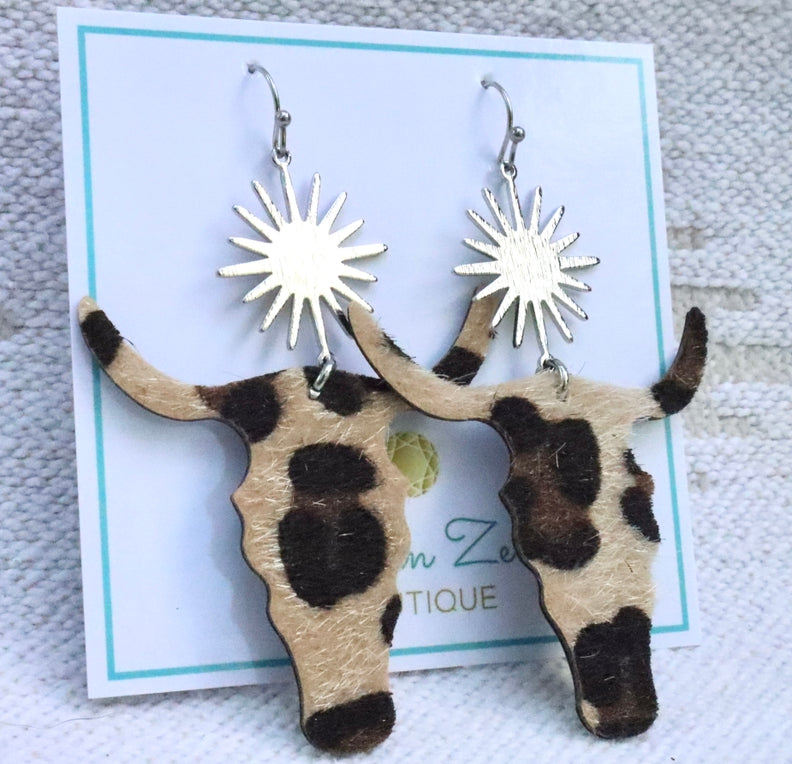 Silver & Cheetah Print Long Horn Earrings