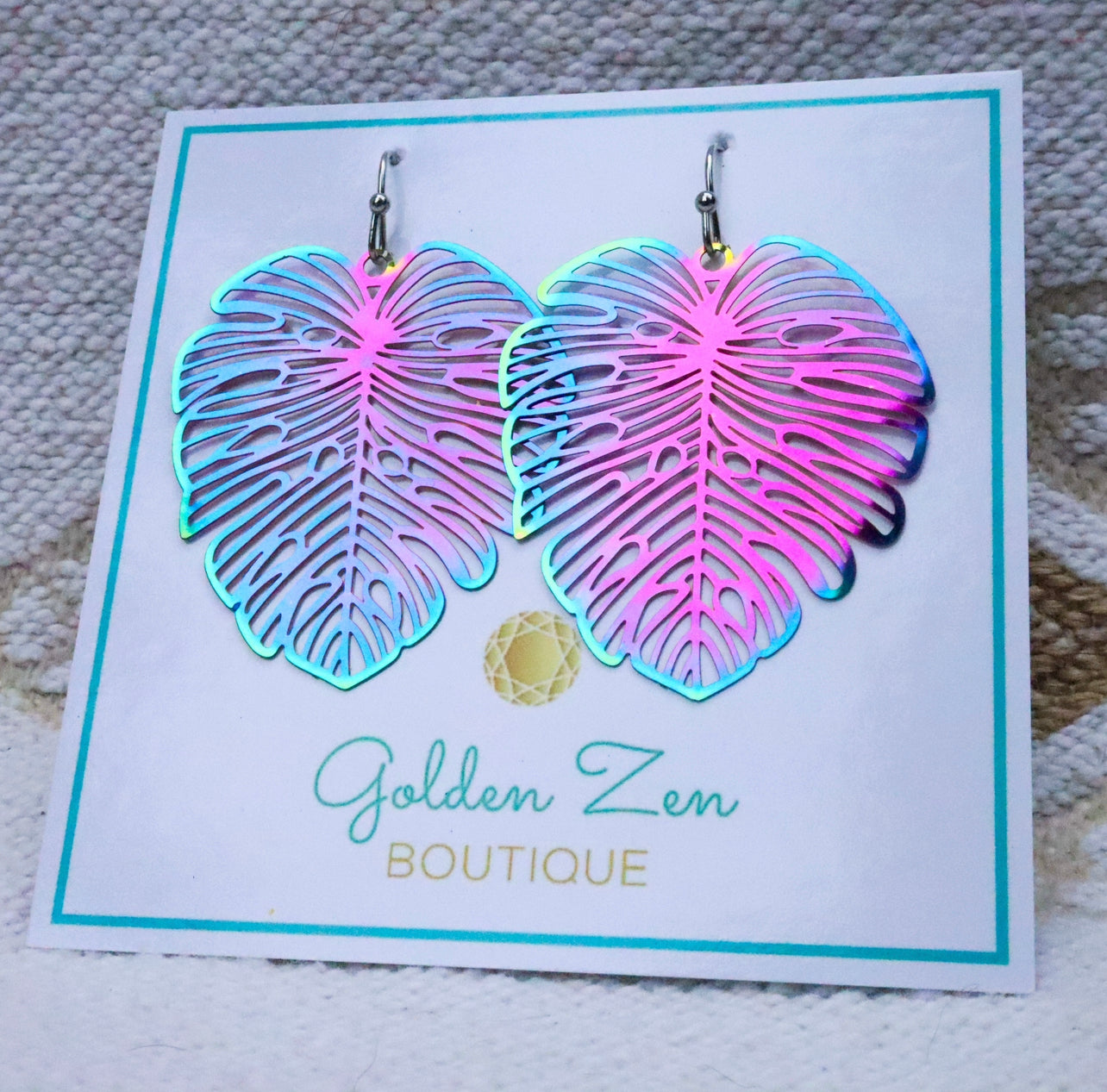 Iridescent Titanium Monstera Palm Earrings