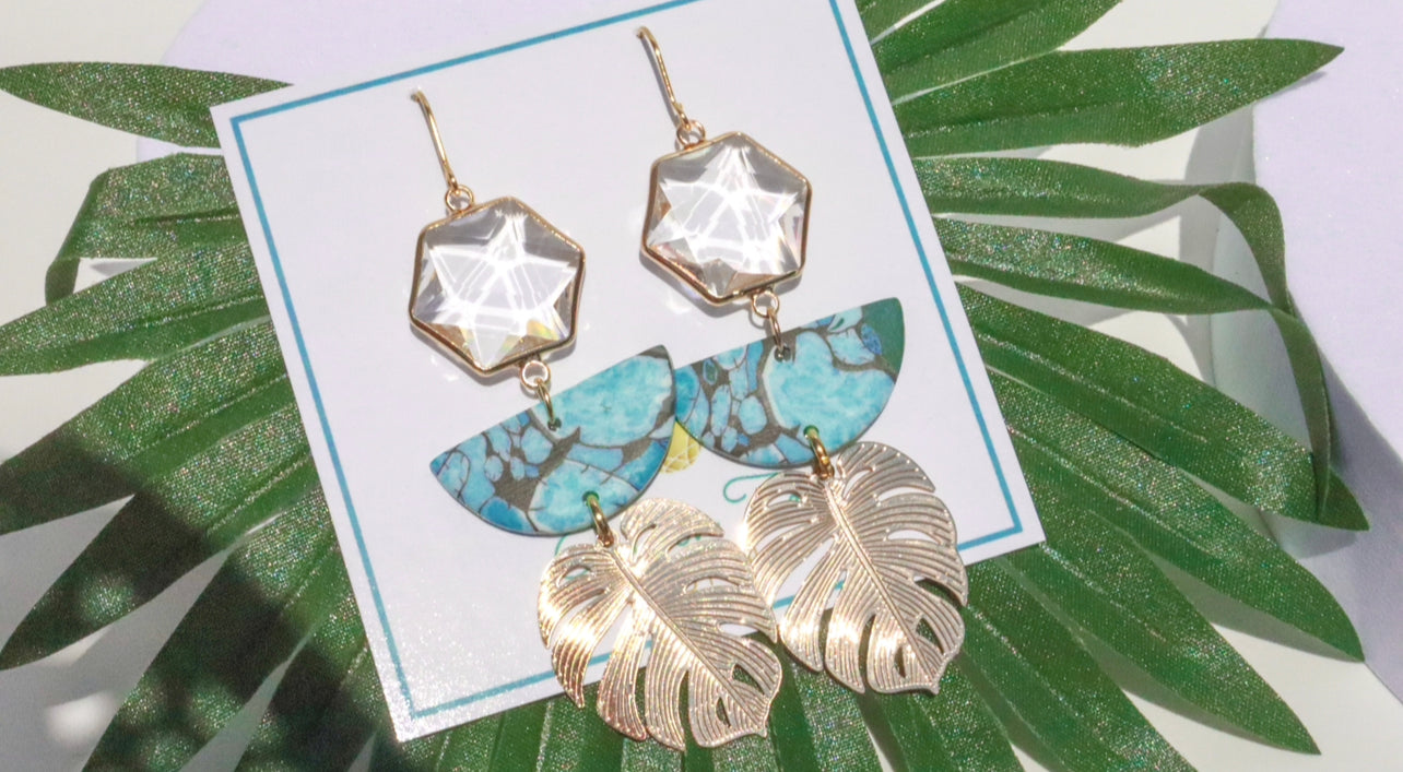 Tropical Turquoise Clay & Palm Leaf Statement Earrings