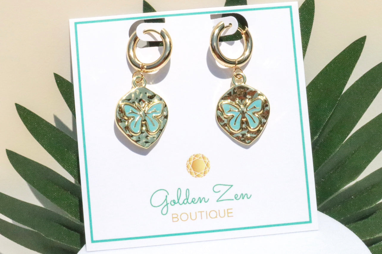 Gold & Blue Butterfly Hoop Earrings