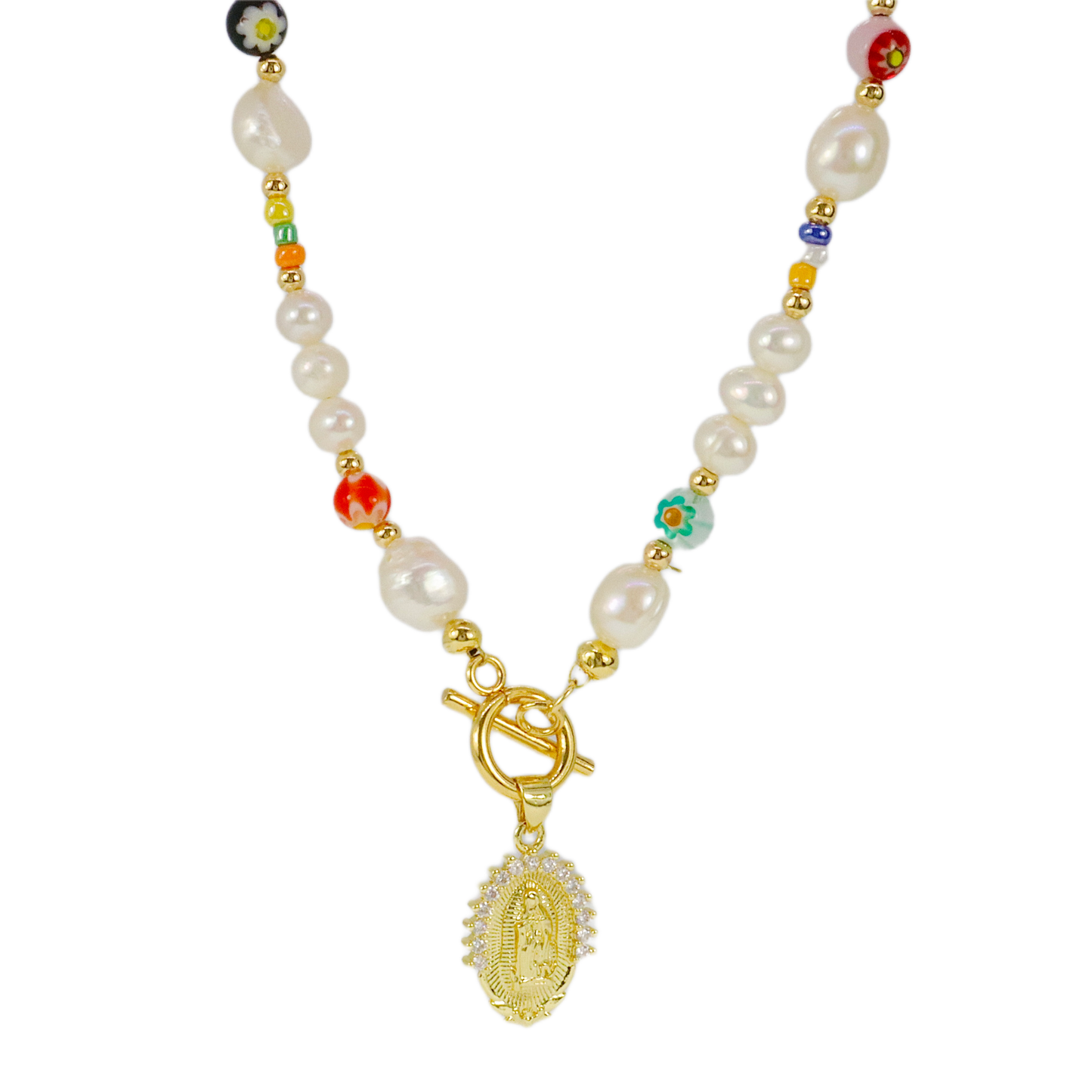 Fresh Water Pearl Millifiori Bead Toggle Clasp Religious Necklace