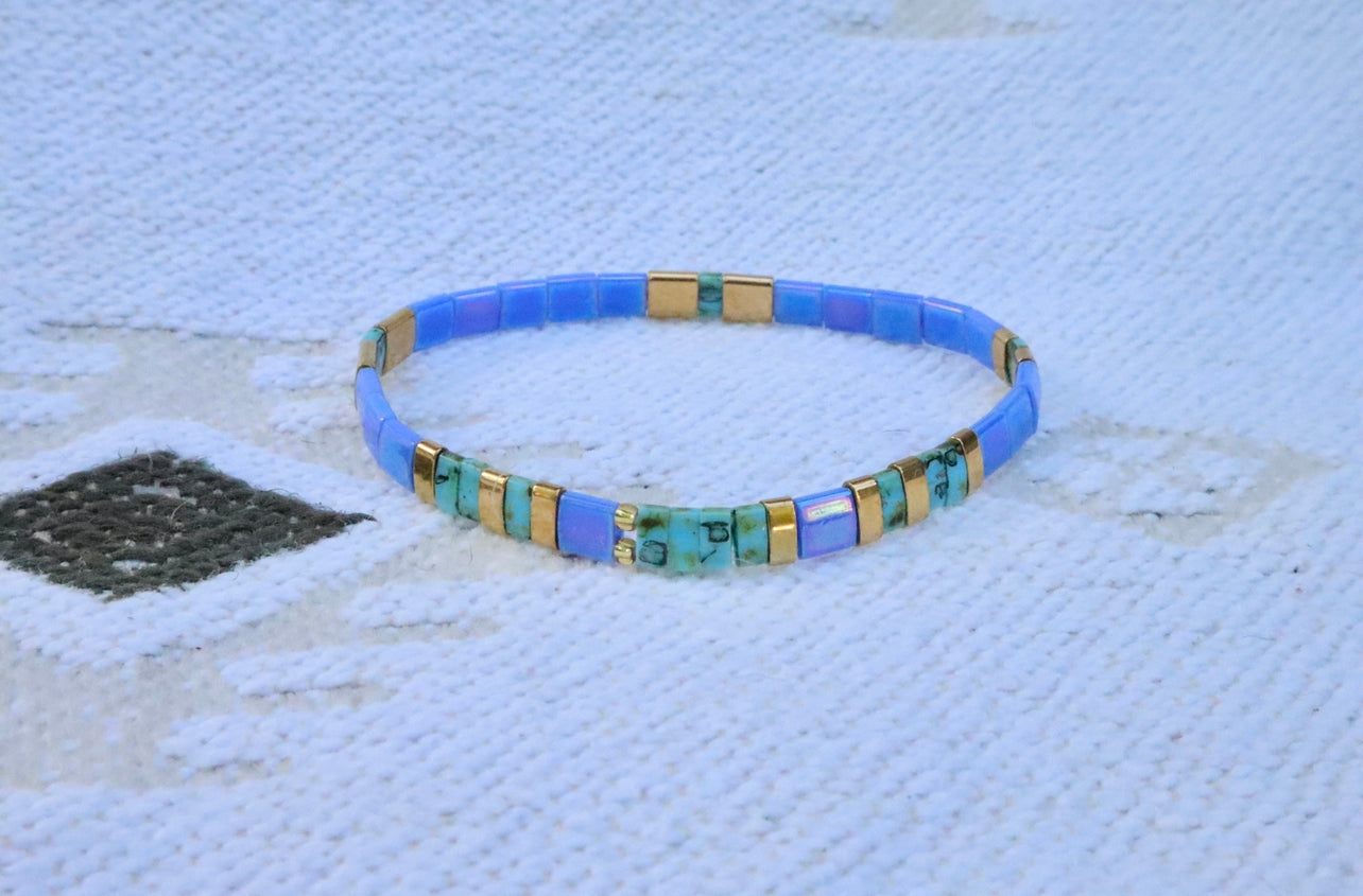 Periwinkle, Gold & Turquoise Stretch Bracelet