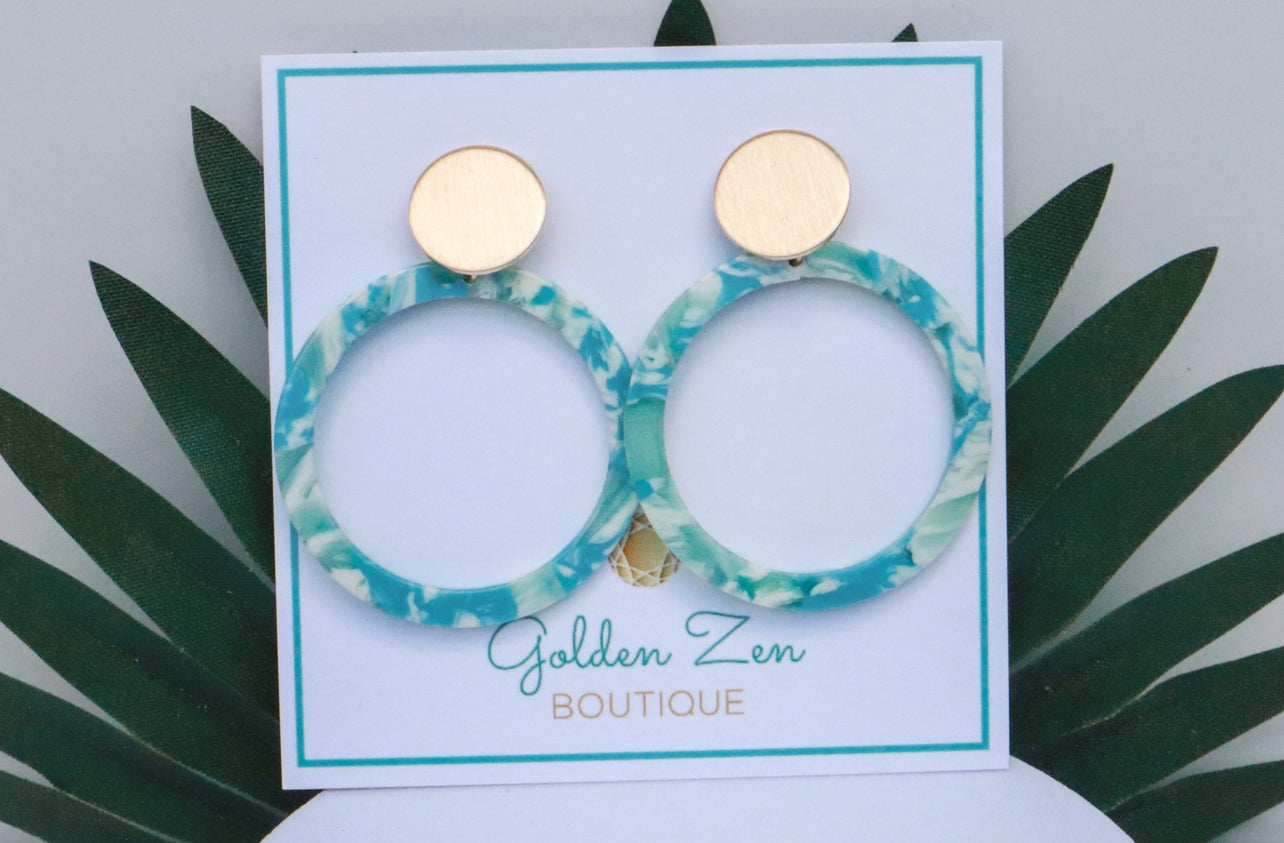 Tropical Gold & Blue Dangle Stud Earrings