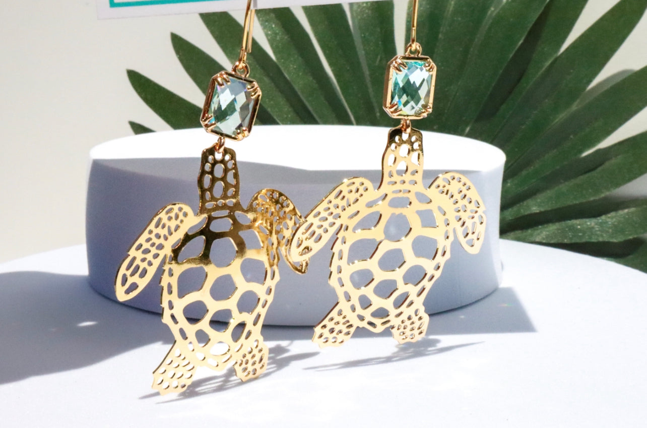 Caribbean Blue & Gold Sea Turtle Earrings
