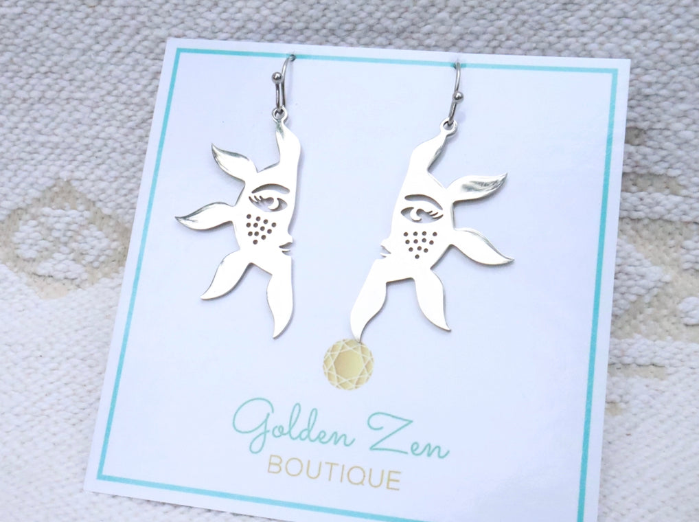 Silver Stainless Steel Sun Earrings