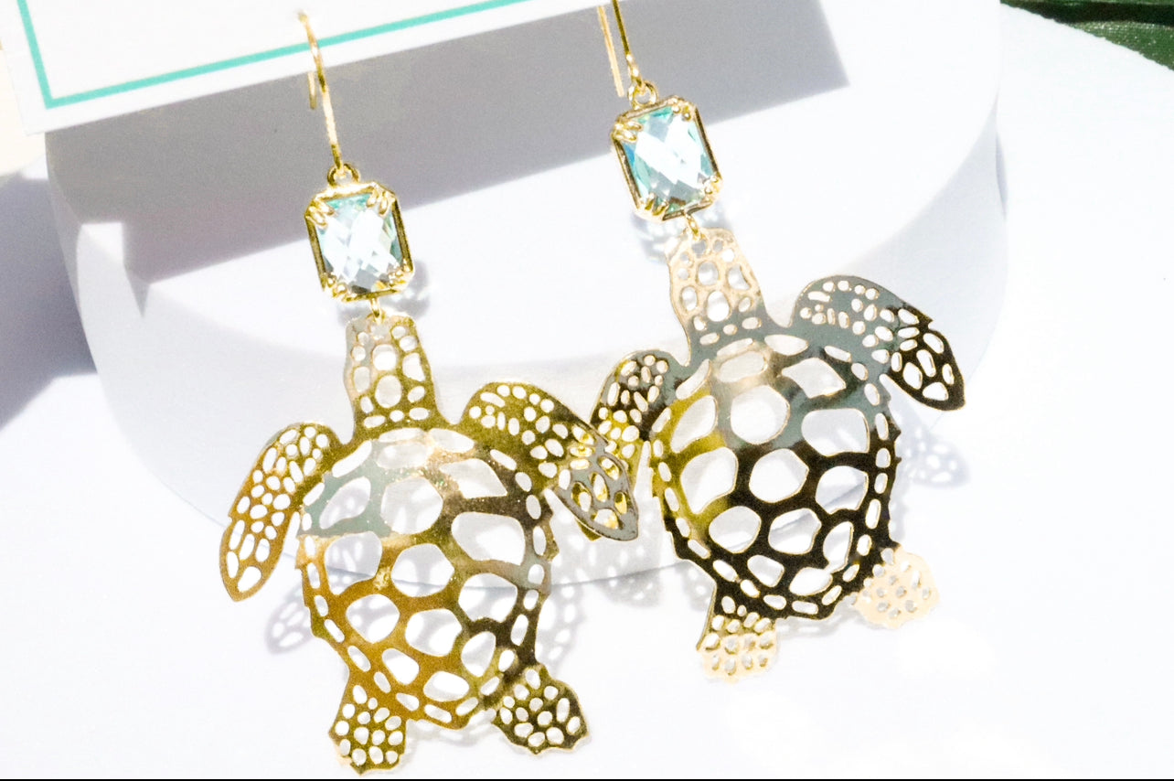 Caribbean Blue & Gold Sea Turtle Earrings
