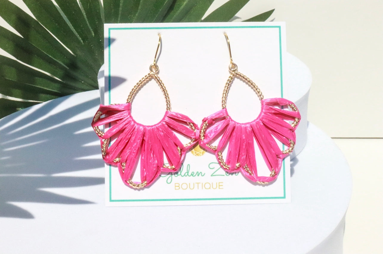 South Beach Sunset Hot Pink Raffia Wrapped Earrings