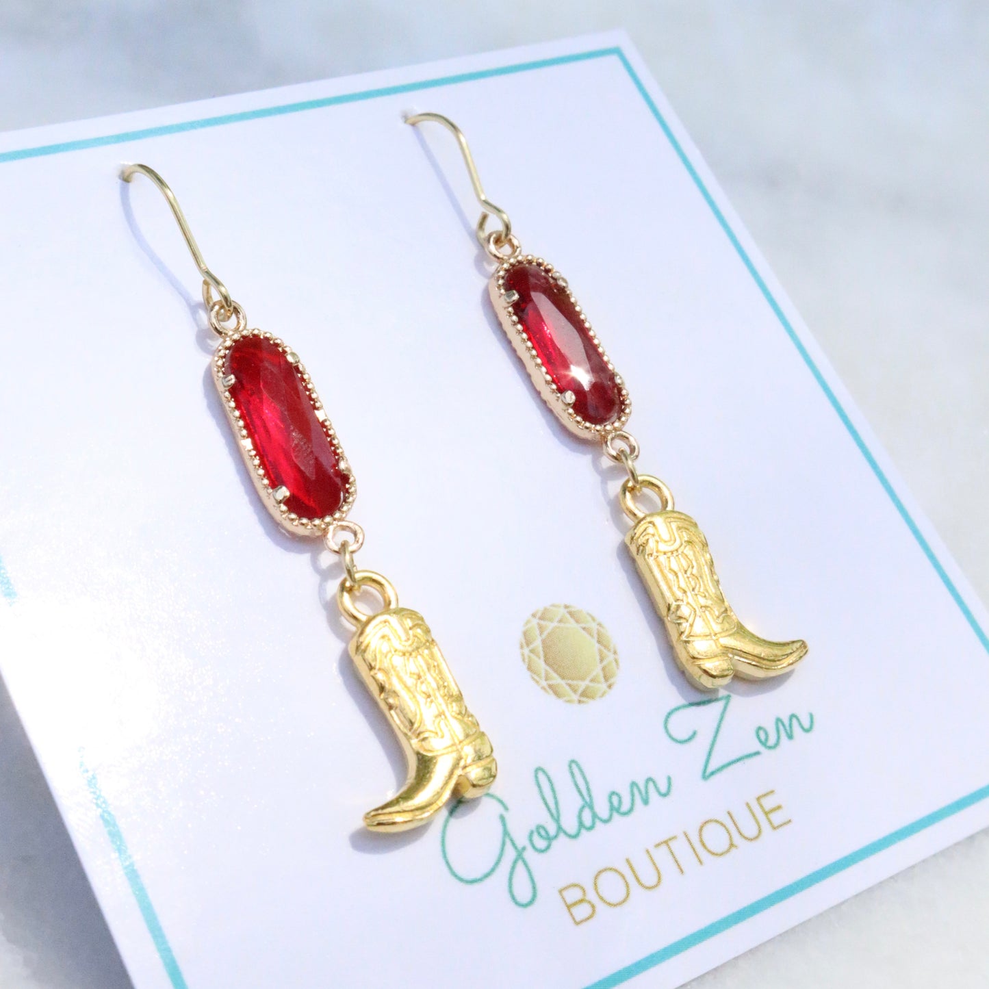 Ruby Red & Gold Cowgirl Boot Earrings