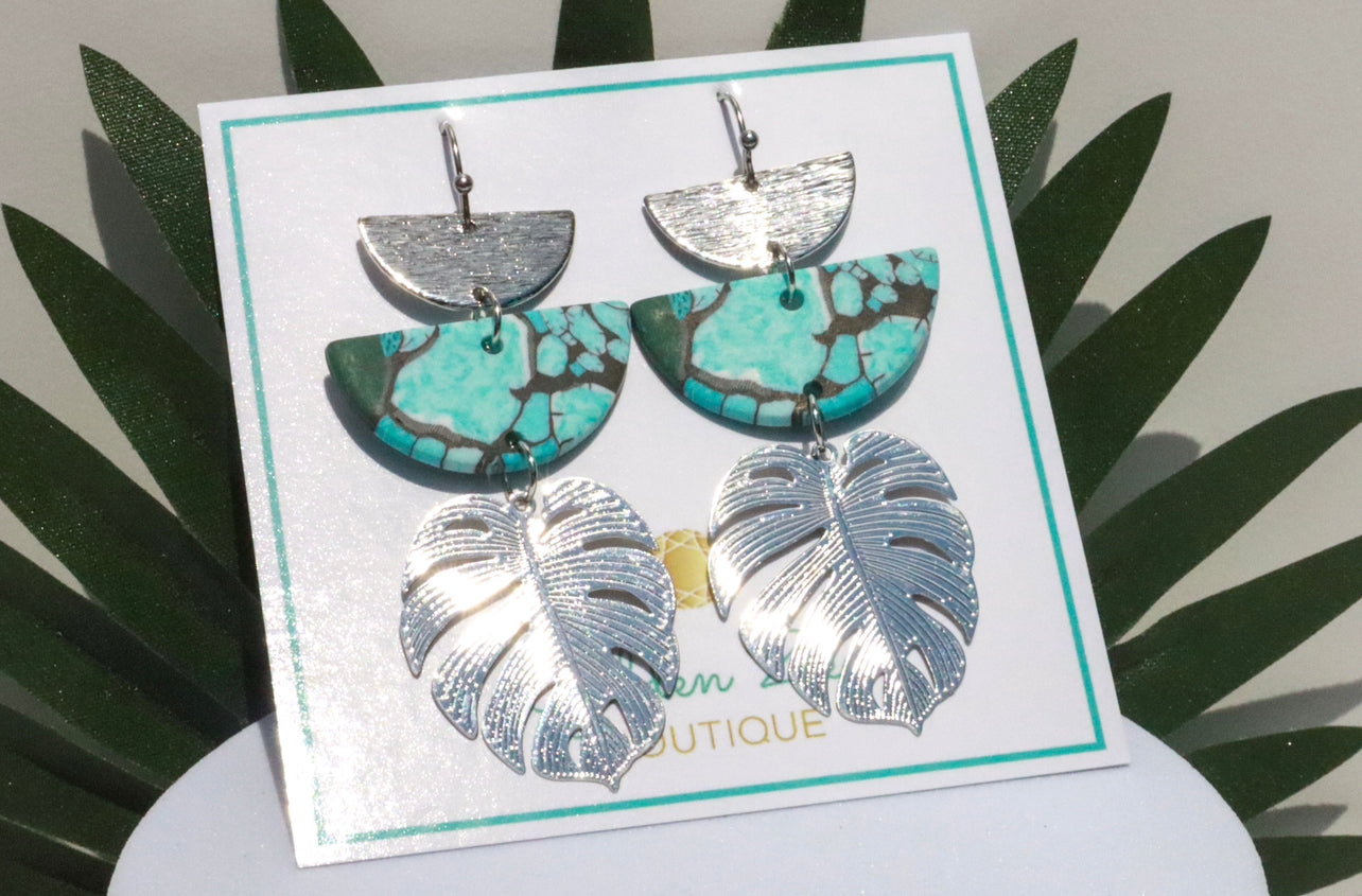 Tropical Turquoise Clay & Silver Palm Leaf Statement Earrings