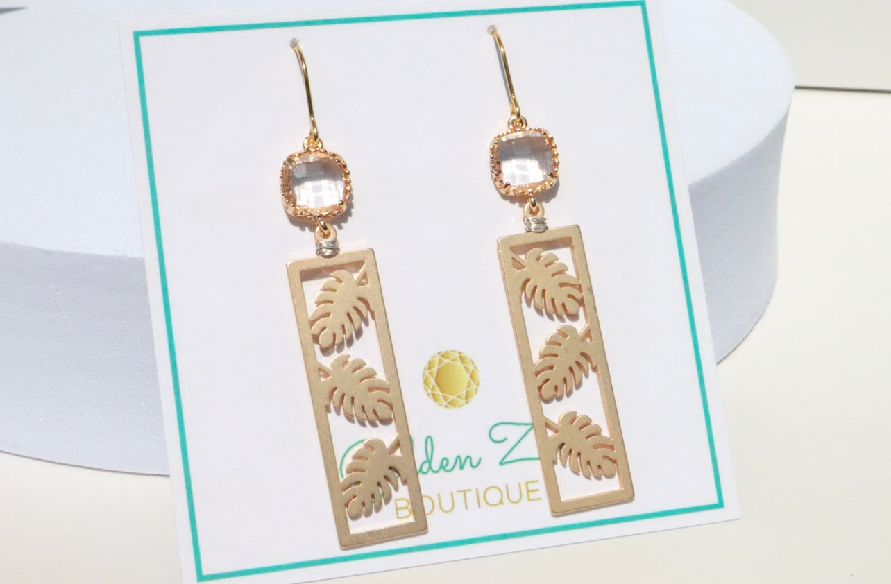 Matte Gold & Crystal Palm Diamond Dangle Earrings