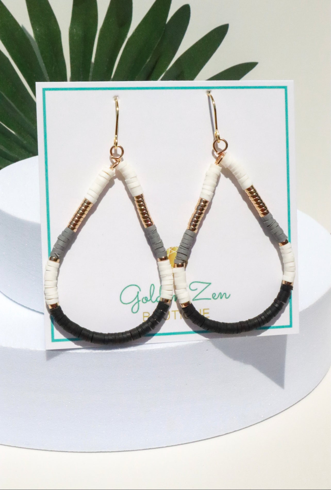 Black, Grey, Gold & White Clay Dangle Earrings
