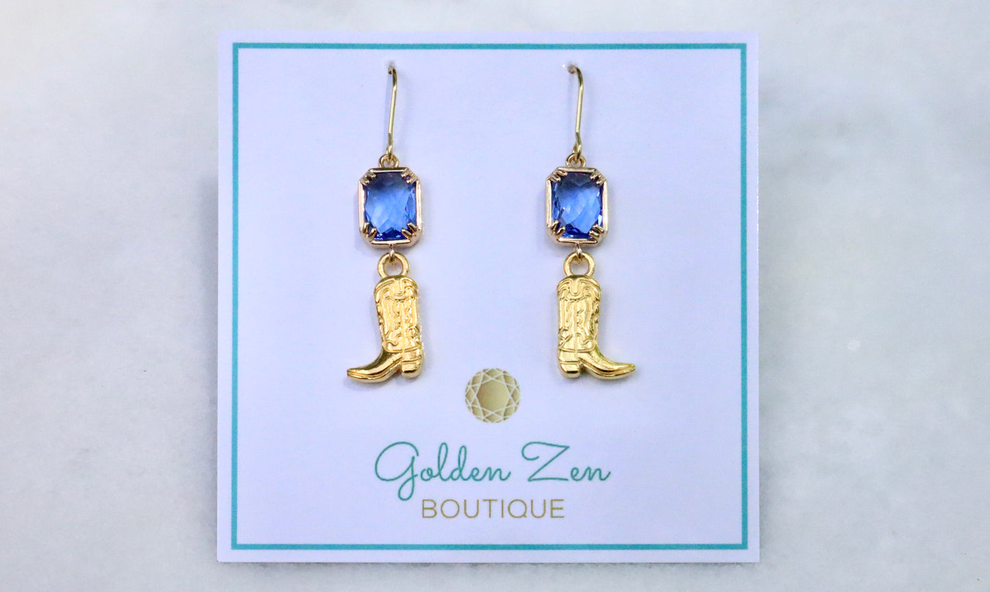Blue Sapphire Crystal & Gold Cowgirl Boot Earrings