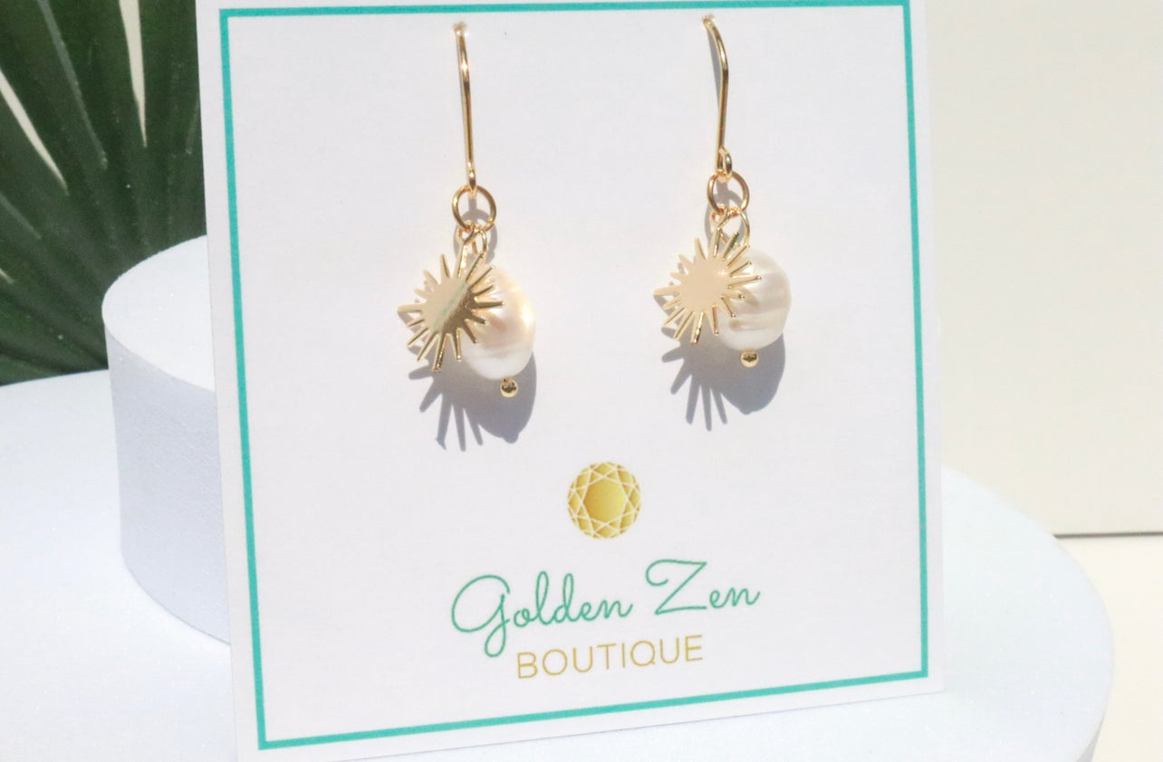 Fresh Water Pearl & Gold Sun Earrings