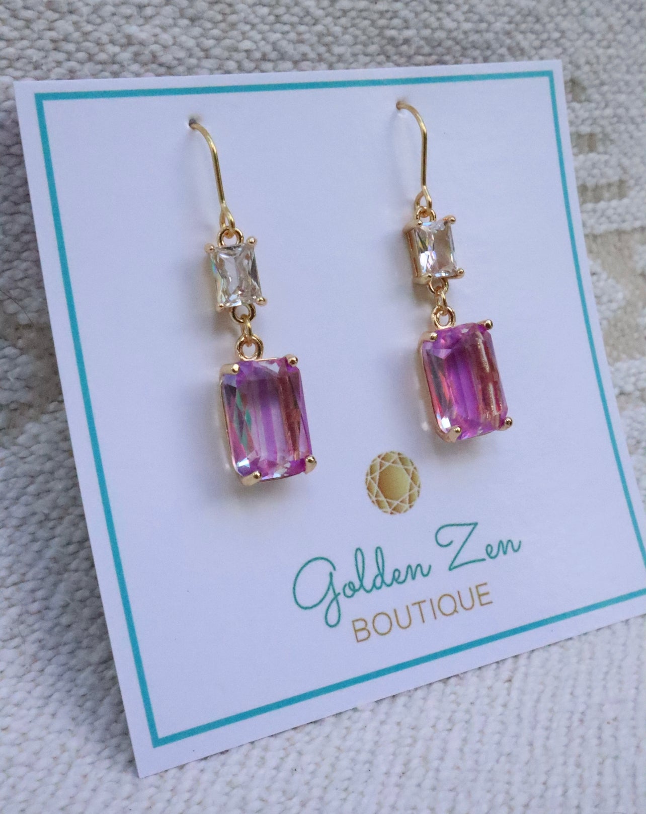Fluorescent Pink Crystal Emerald Cut Gem Earrings