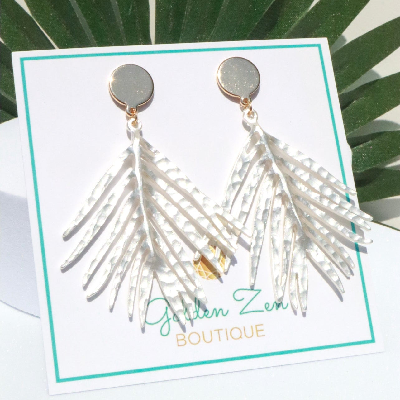 2 Tone Gold & Silver Hammered Tropical Palm Leaf Earrings
