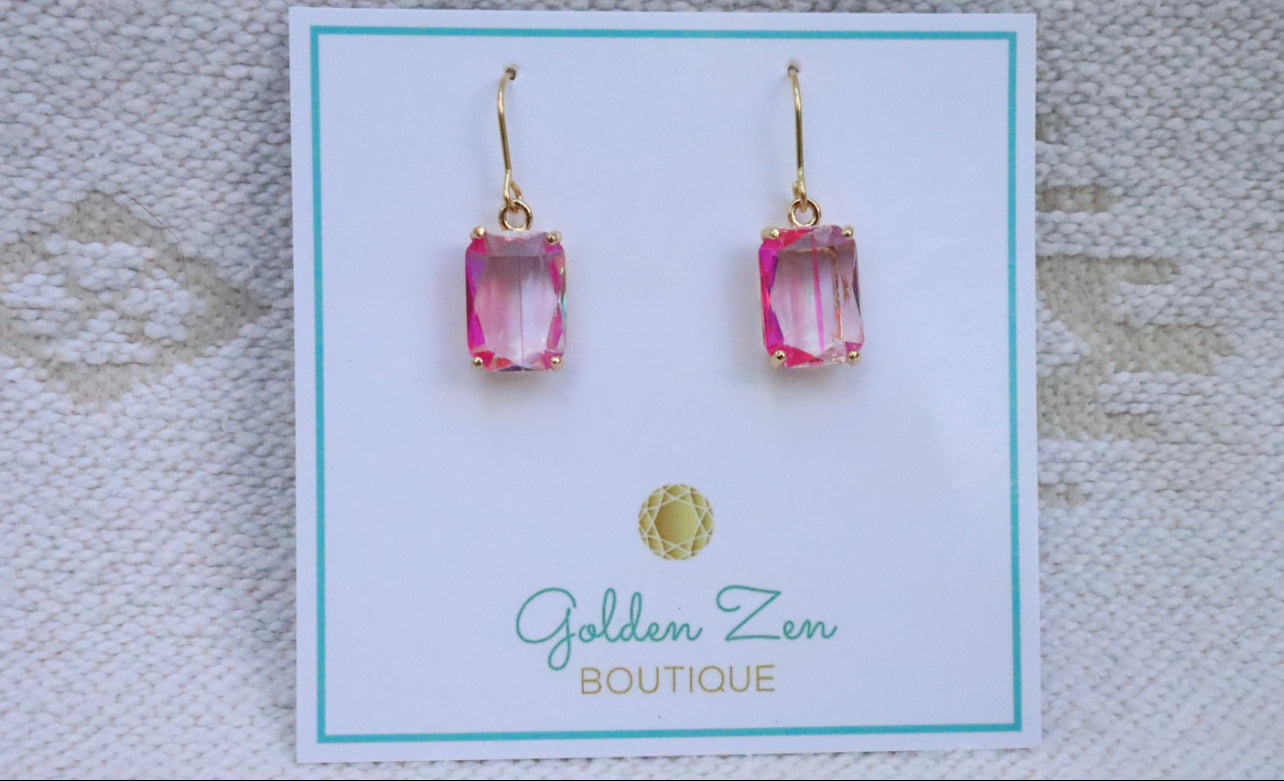 Fluorescent Pink Emerald Cut Gem Earrings
