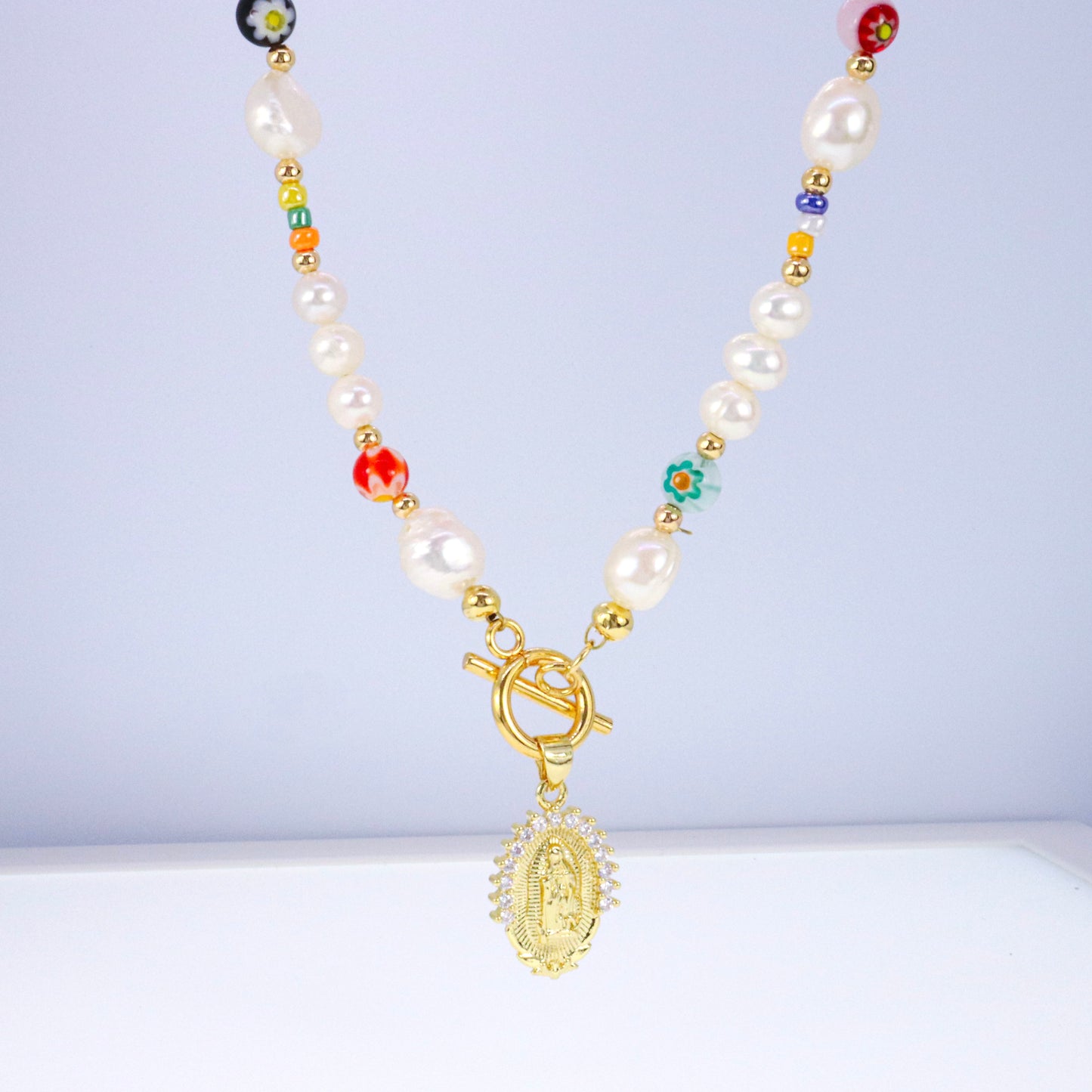 Fresh Water Pearl Millifiori Bead Toggle Clasp Religious Necklace