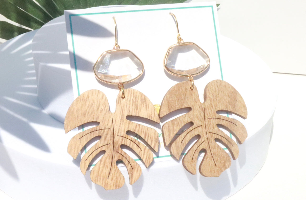 Gold & Crystal Tropical Wood Lead Statement Earrings