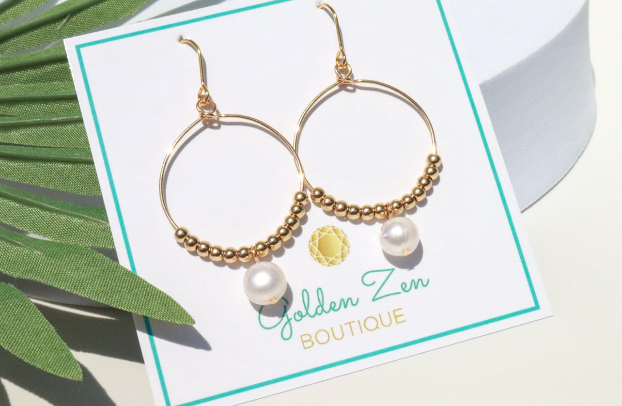 Fresh Water Pearl Gold Beaded Hoop Dangle Earrings