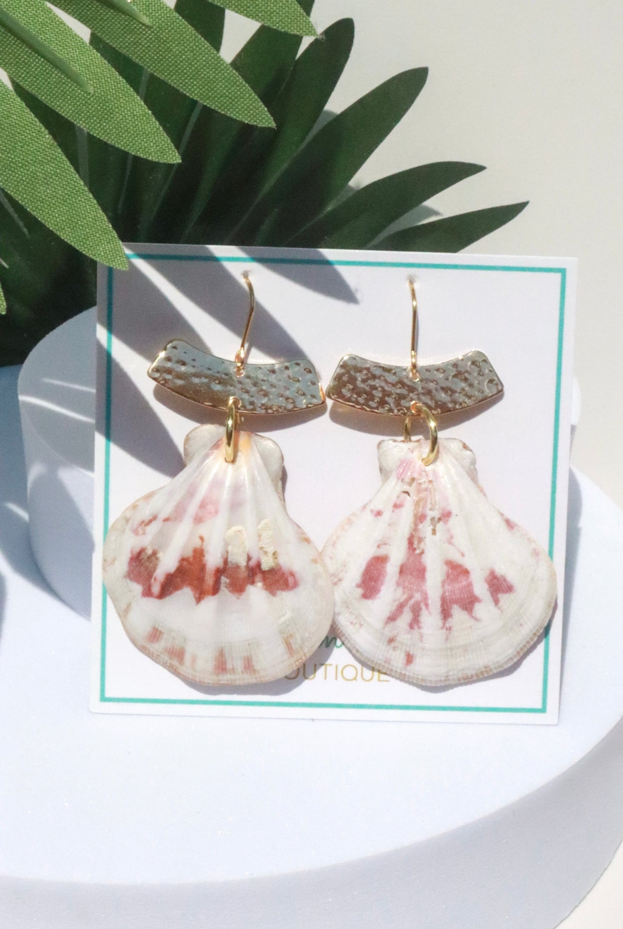 Pink & White Mermaid Scallop Shell Gold Earrings