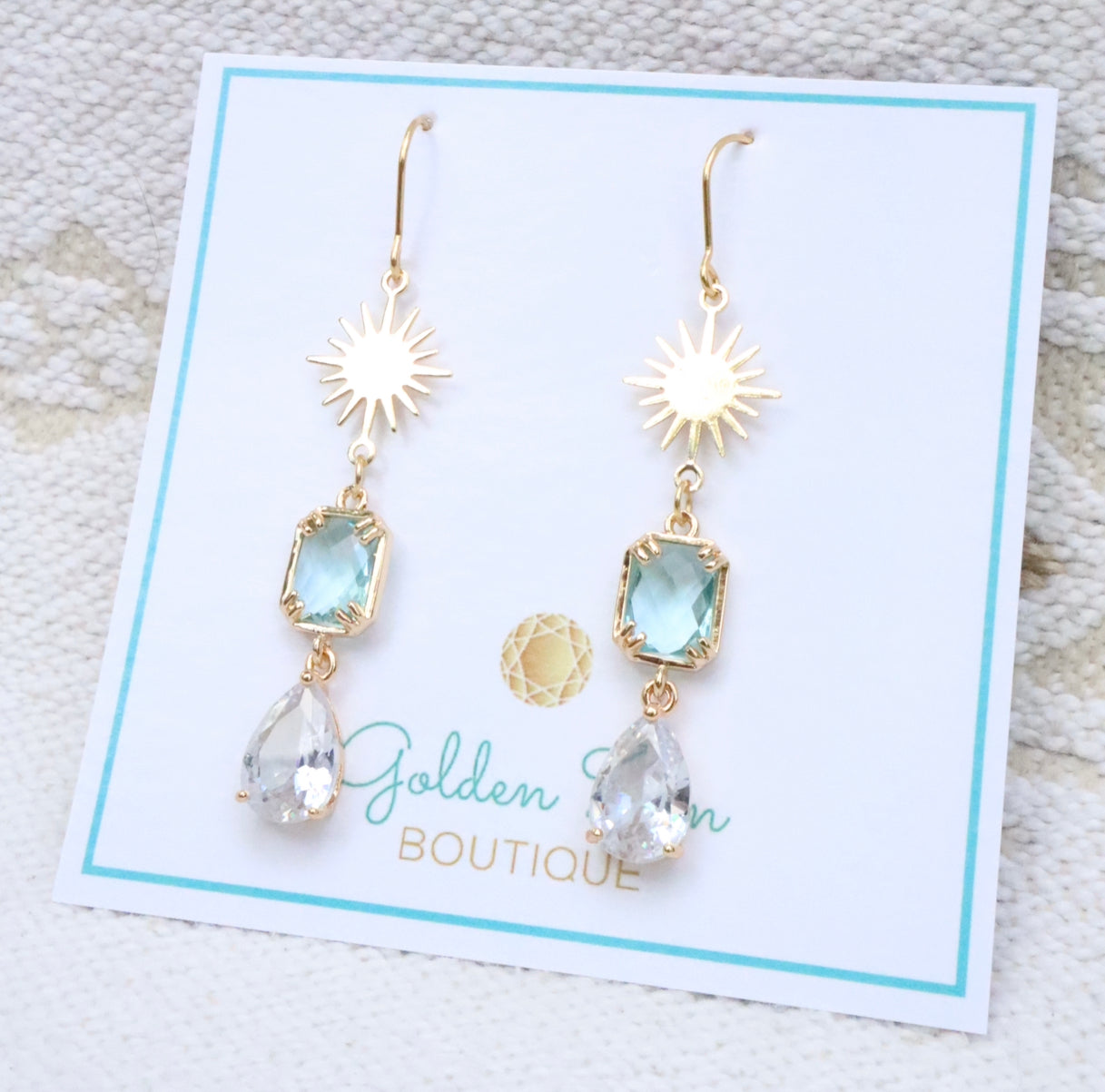 Aquamarine Crystal & Gold Star Earrings.