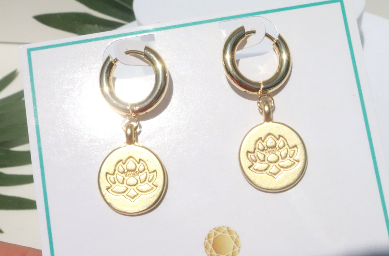 Golden Zen Lotus Flower Hoop Earrings