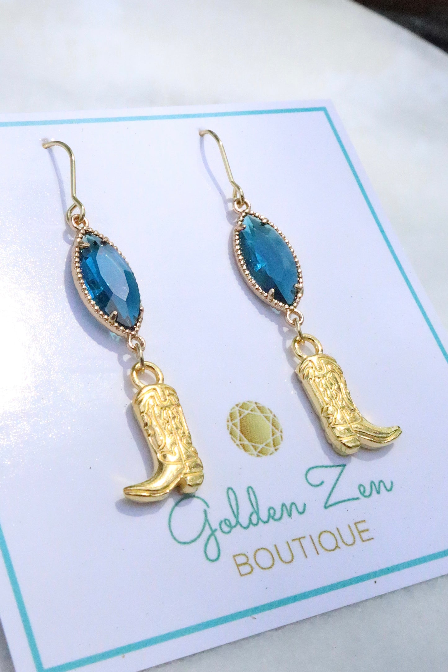 Blue Jean Crystal & Gold Cowgirl Boot Earrings