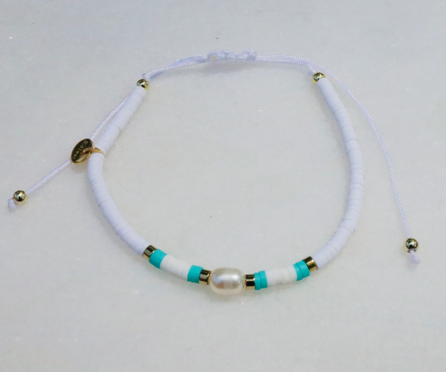 Adjustable White, Teal & Gold Clay Bracelet