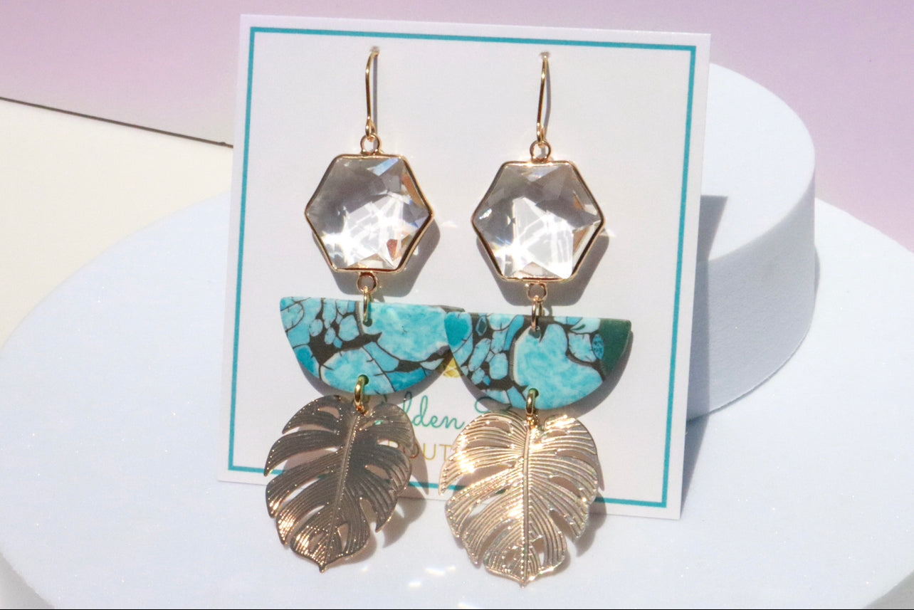 Tropical Turquoise Clay & Palm Leaf Statement Earrings