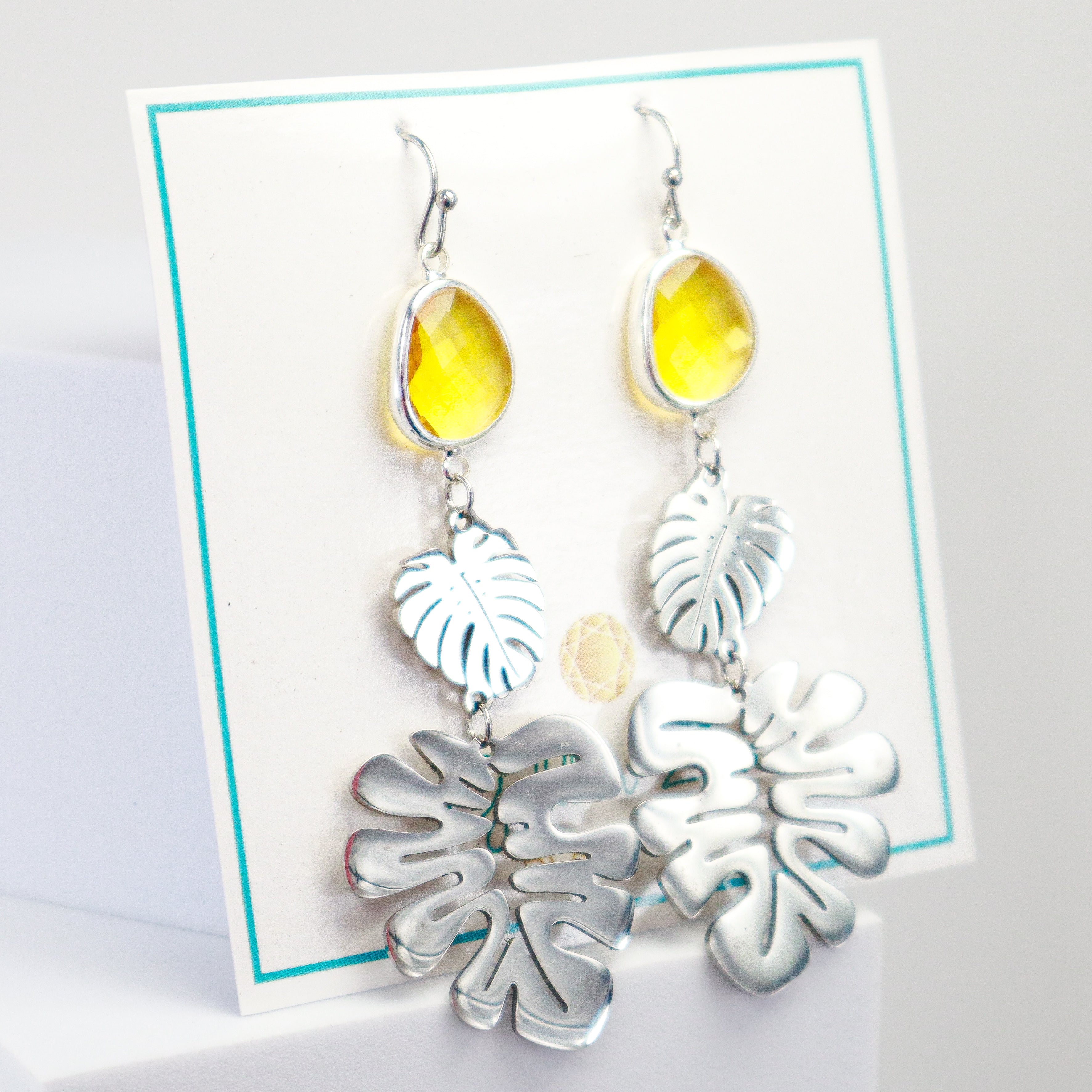 Silver & Yellow Crystal Monstera Leaf Dangle Earrings