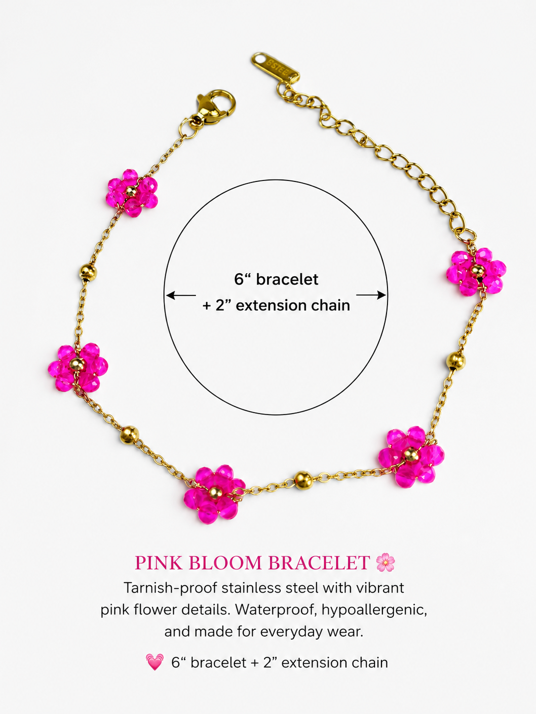 Waterproof Hot Pink Crystal Daisy Bloom Bracelet