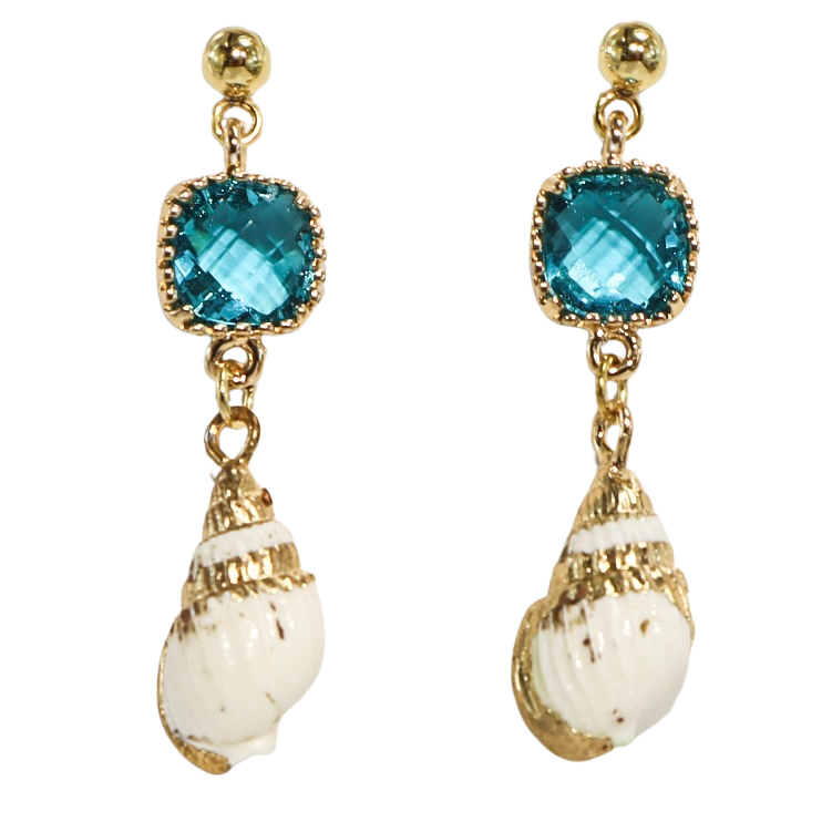 Gold Embellished Shell & Blue Crystal Dangle Post Earrings
