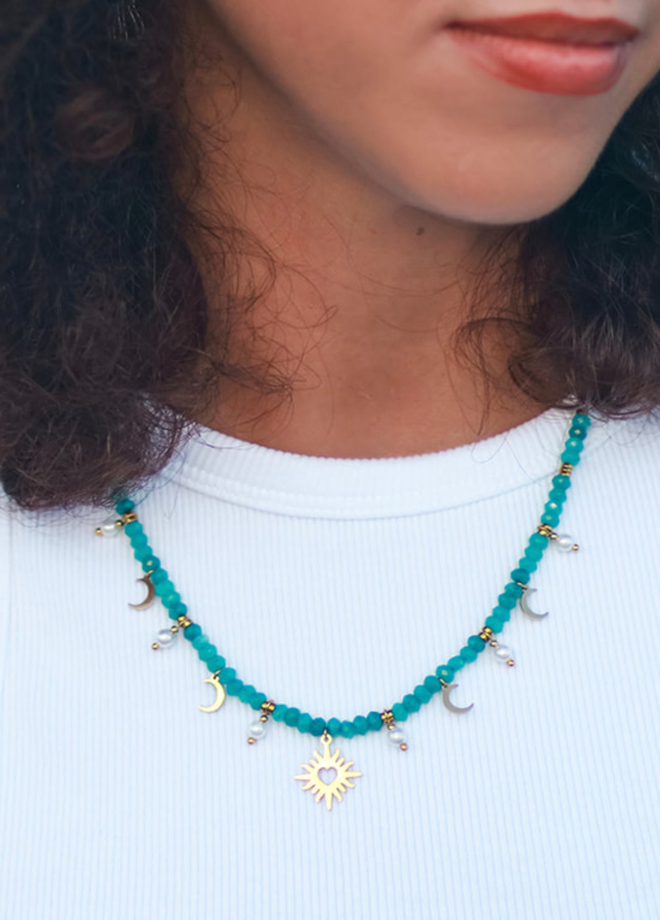 Genuine Faceted Teal Apatite & Mini Pearl Celestial Sun Moon Necklace