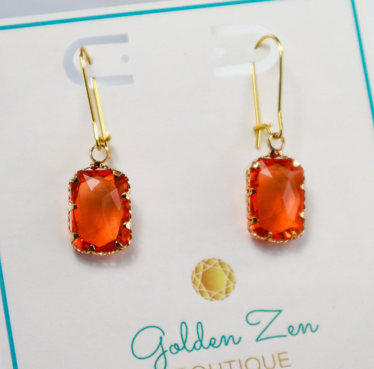 Orange Radiant Cut Gem Lever Back Earrings