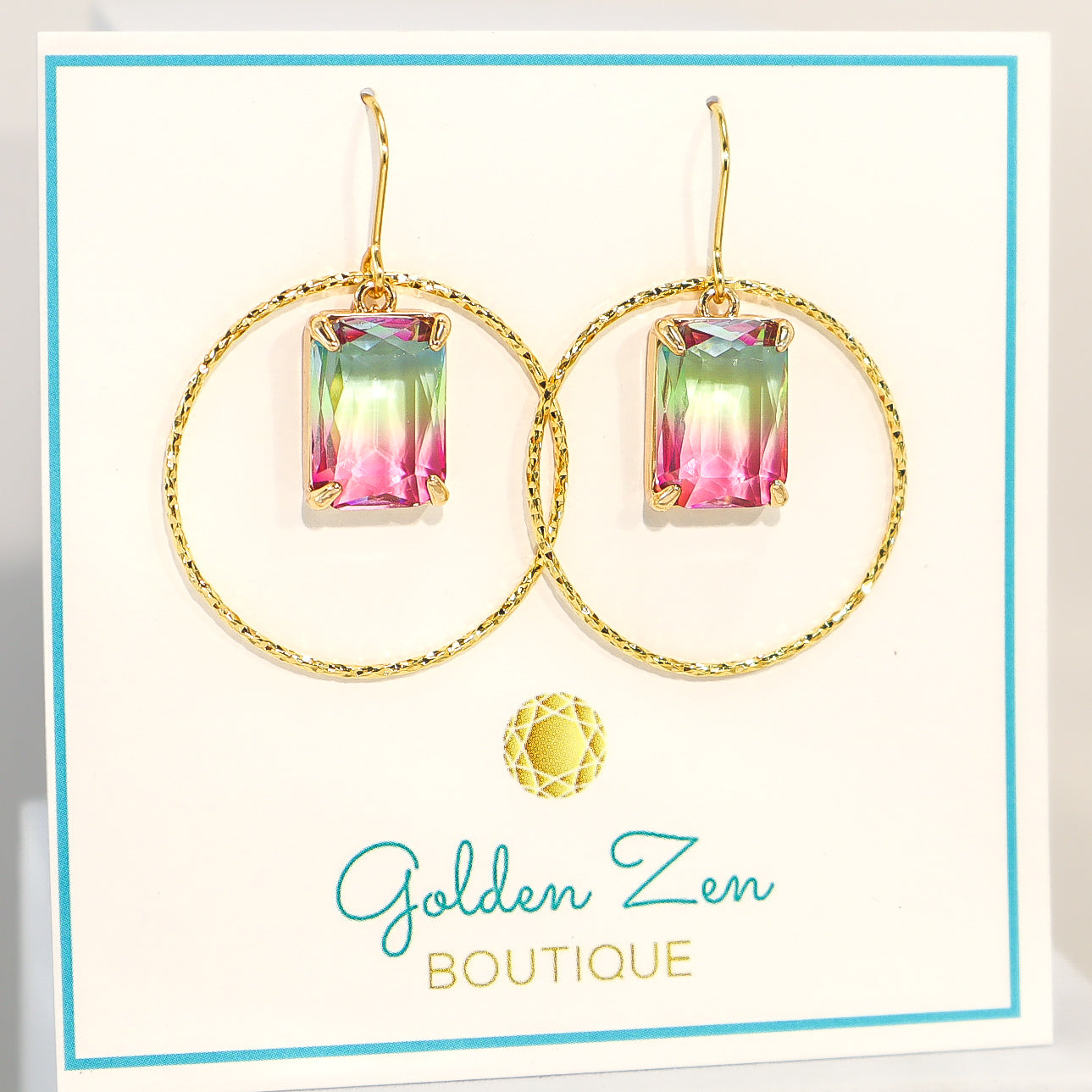 Watermelon Ombre Crystal & Gold Dangle Earrings