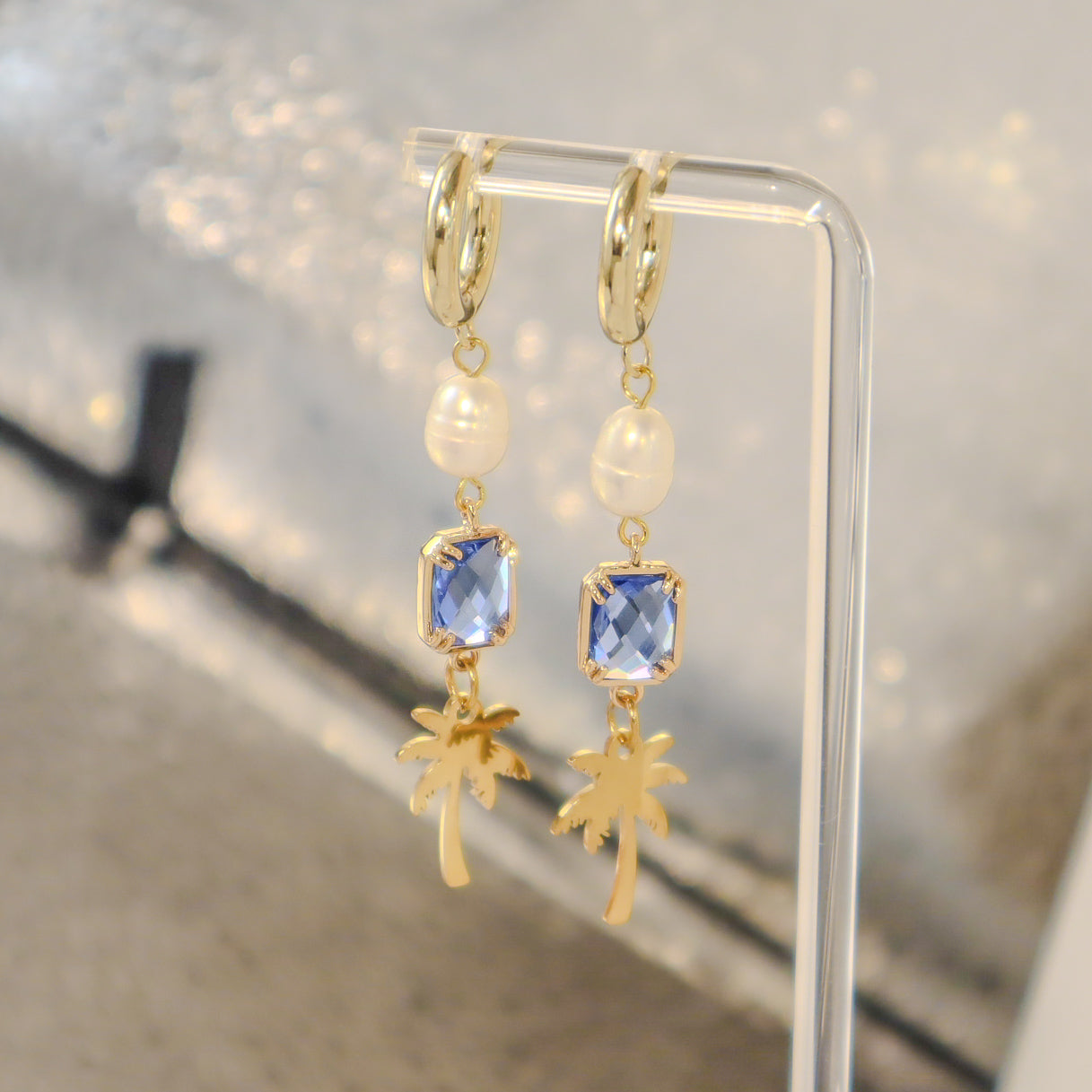 Palm Tree, Fresh Water Pearl & Blue Crystal Dangle Hoop Earrings