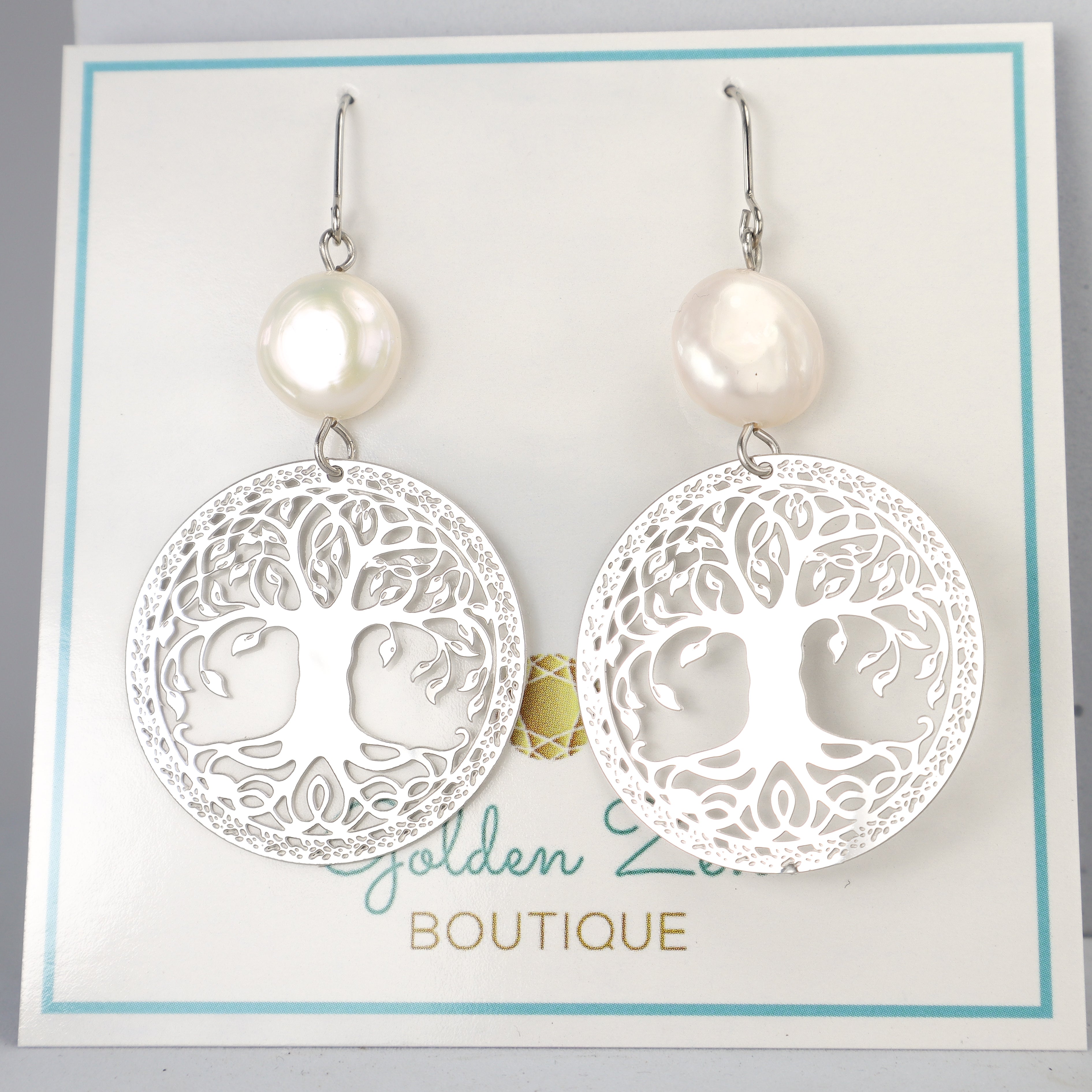 Silver Tree of Life Pearl Earrings