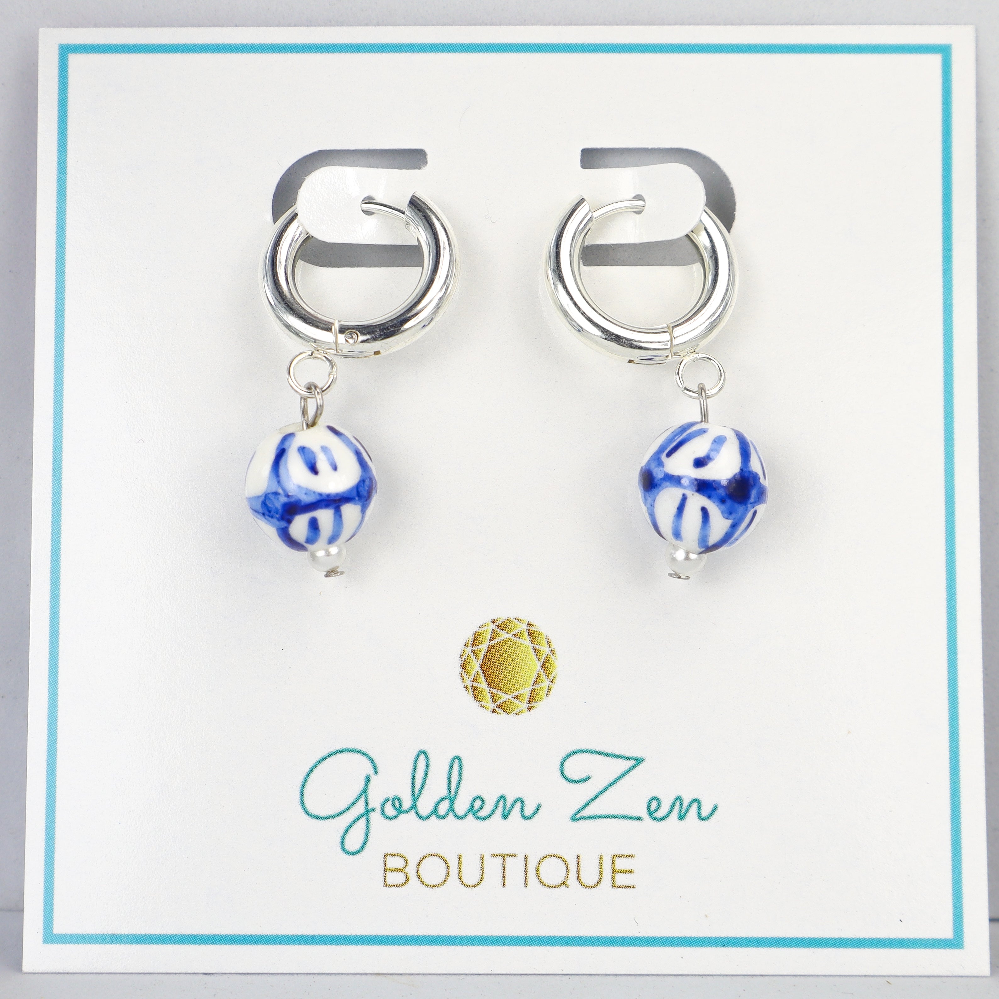 Porcelain Beaded Silver Hoop Earrings