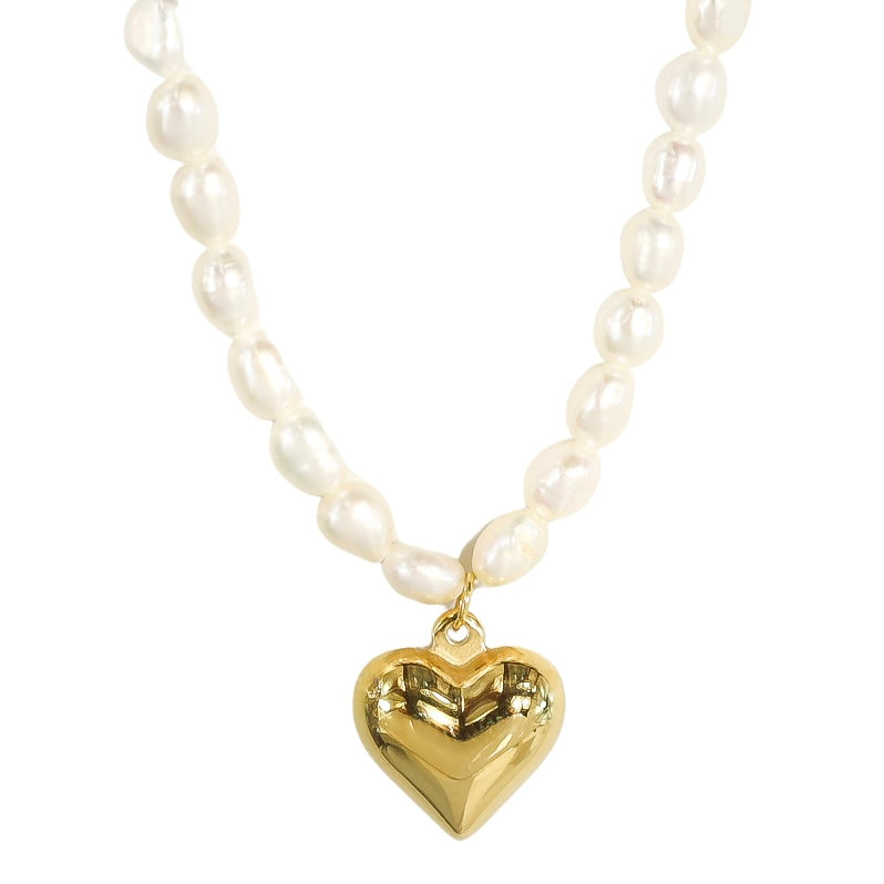 Fresh Water Pearl & Gold Heart Pendant Stainless Steel Necklace