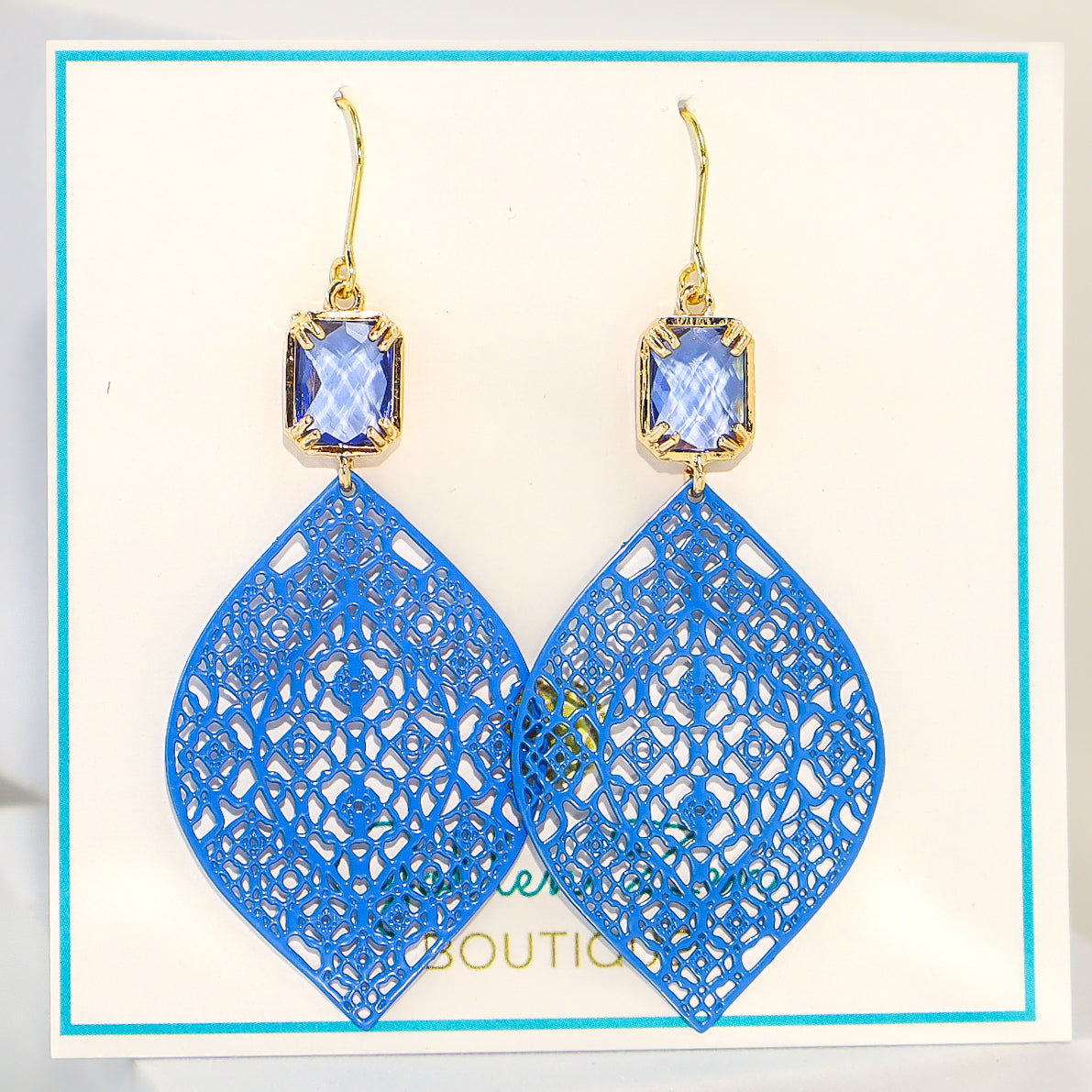 Gold & Blue Crystal Dangle Stencil Earrings