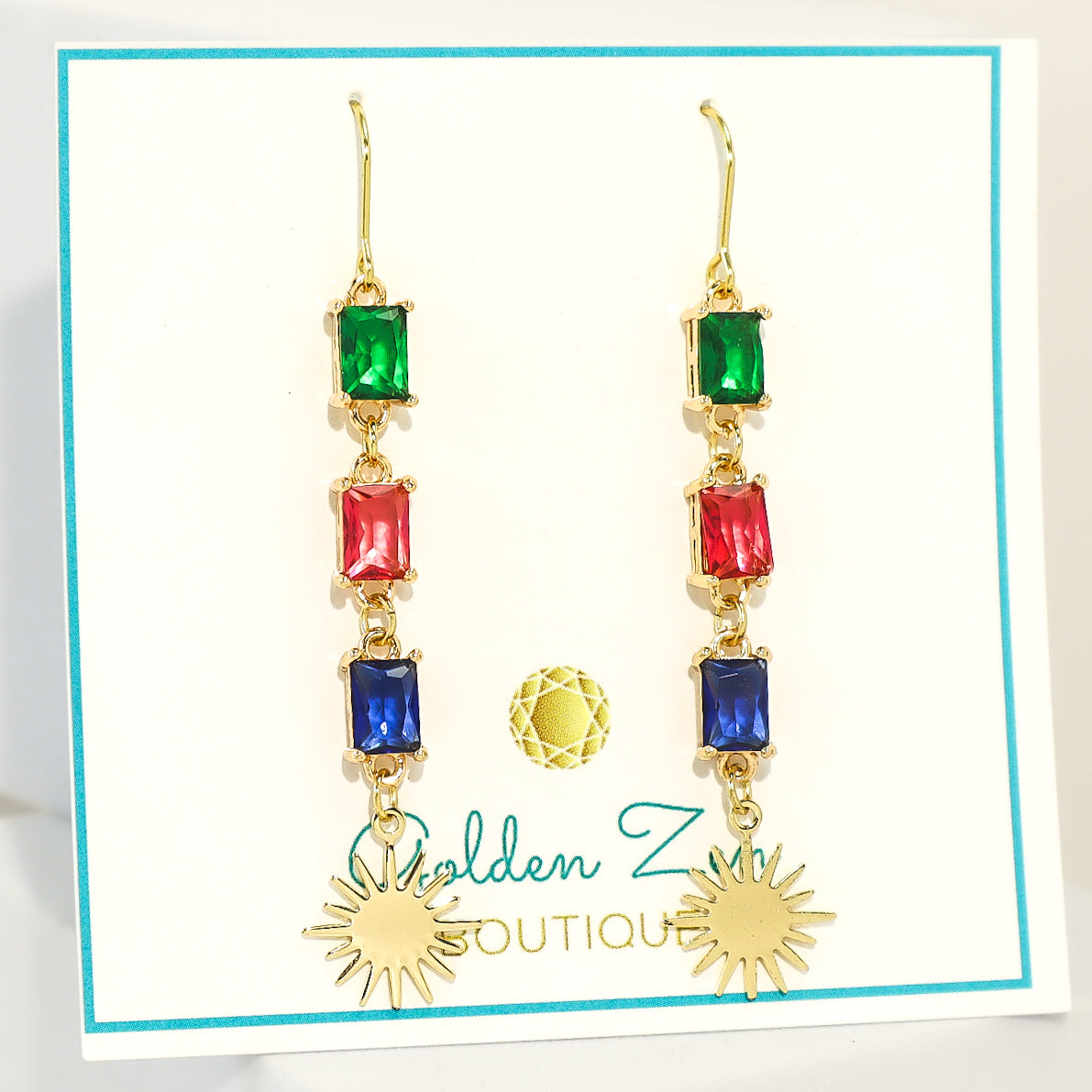 Multi Jewel Gold Sun Dangle Earrings