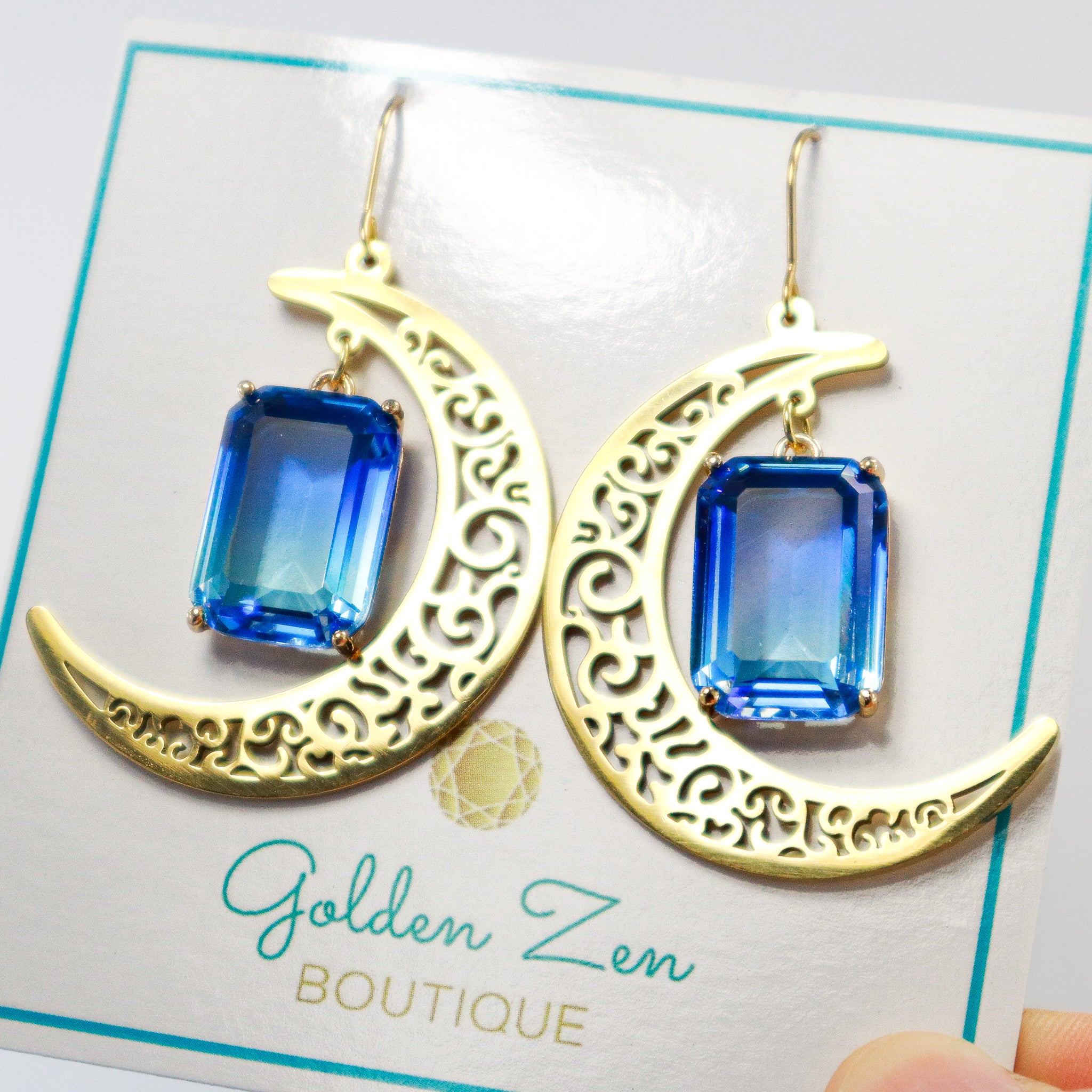 Faceted Emerald Cut Blue Sapphire Gold Crescent Moon Earrings