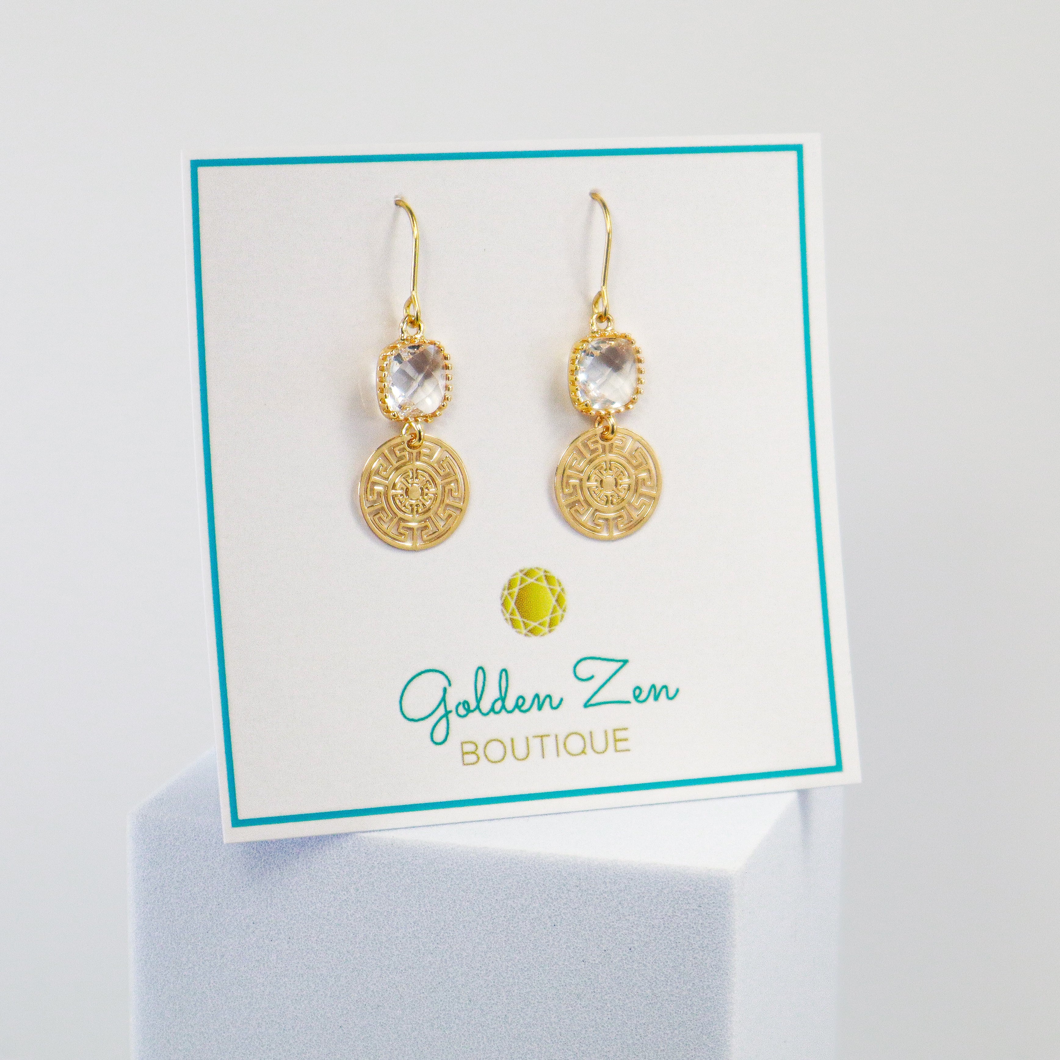Golden Zen Exclusive Greek Key Diamond Crystal Earrings