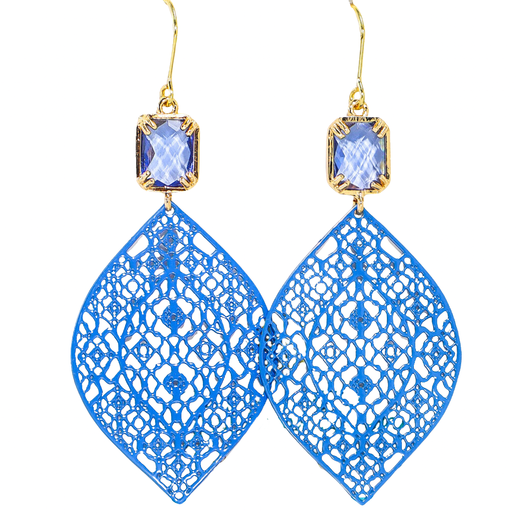 Gold & Blue Crystal Dangle Stencil Earrings